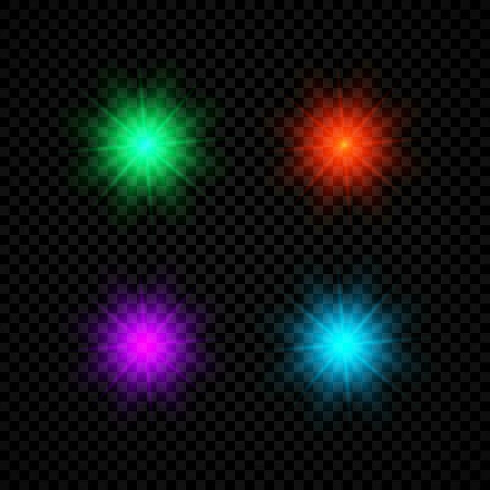 Light effect of lens flares. Set of four green, red, purple and blue glowing lights starburst effects with sparkles vector