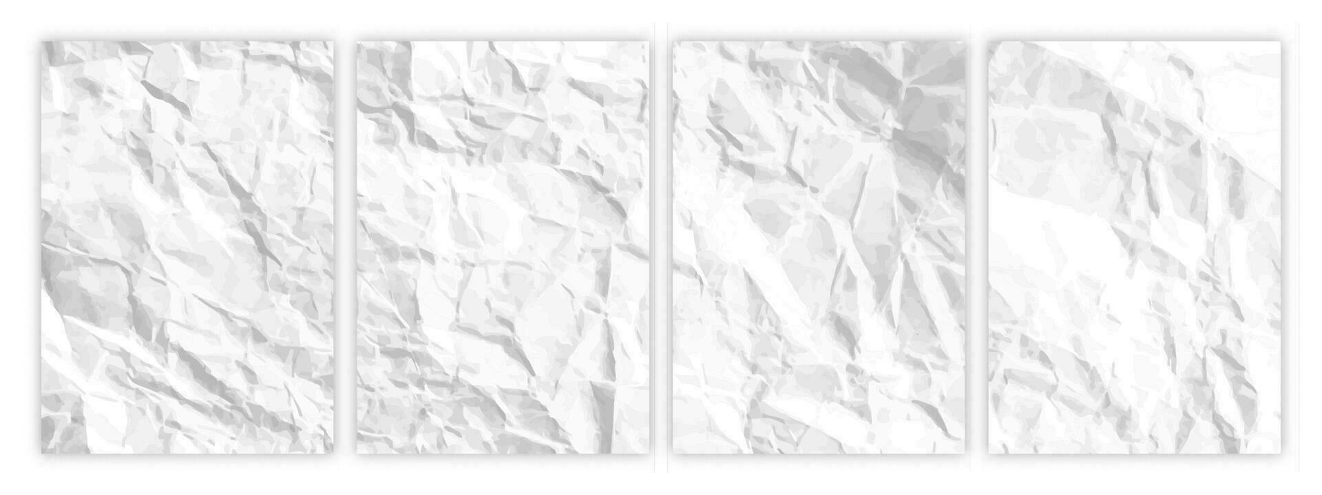 Set of wrinkled white paper in A4 format. Crumpled empty sheets of paper with shadow for posters and banners. Vector illustration