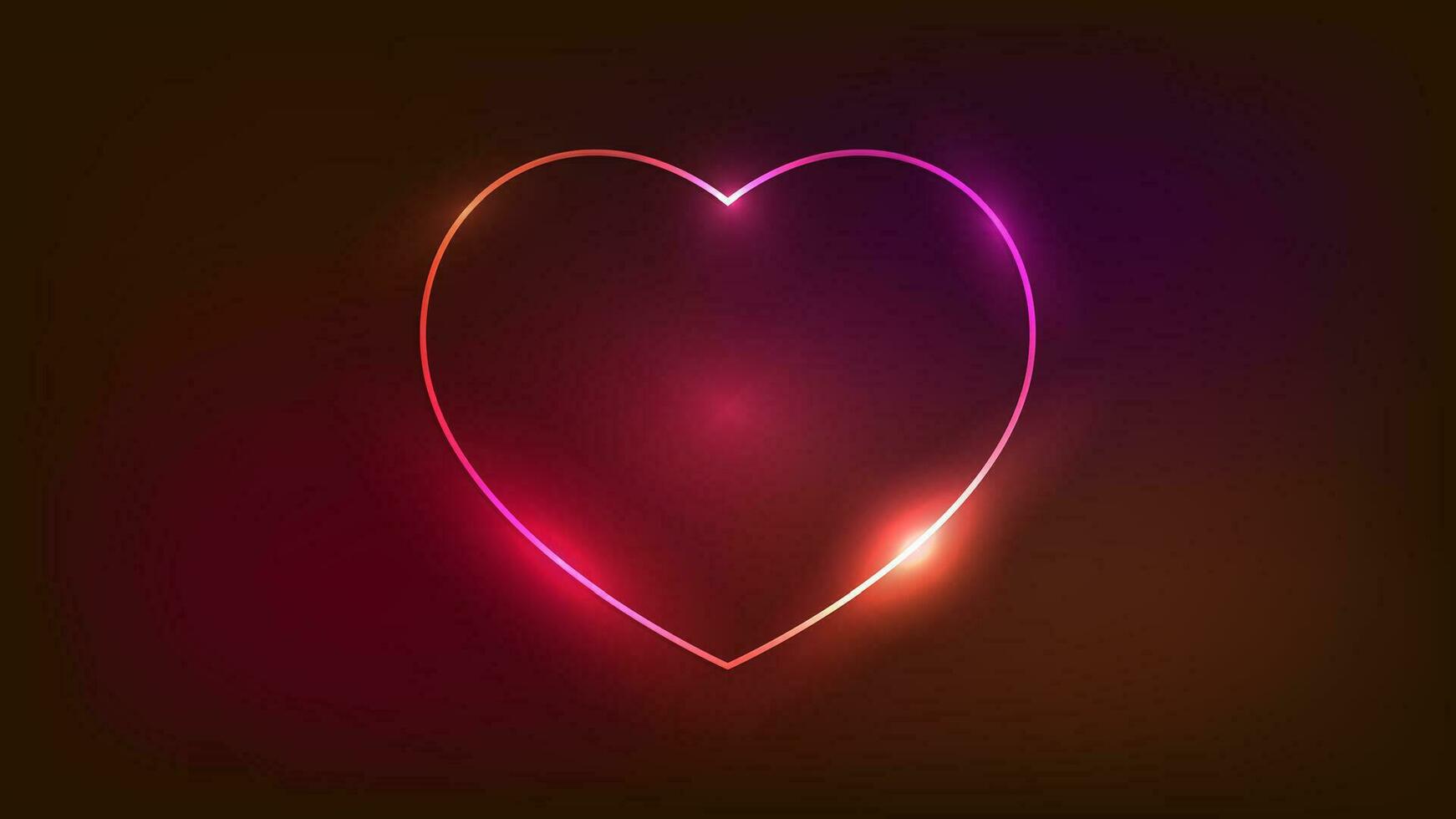 Neon frame in heart form with shining effects on dark background. Empty glowing techno backdrop. Vector illustration.