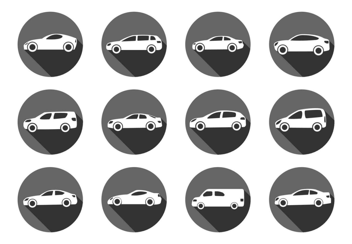 Set of twelve flat style cars in circles with shadow. Vector illustration