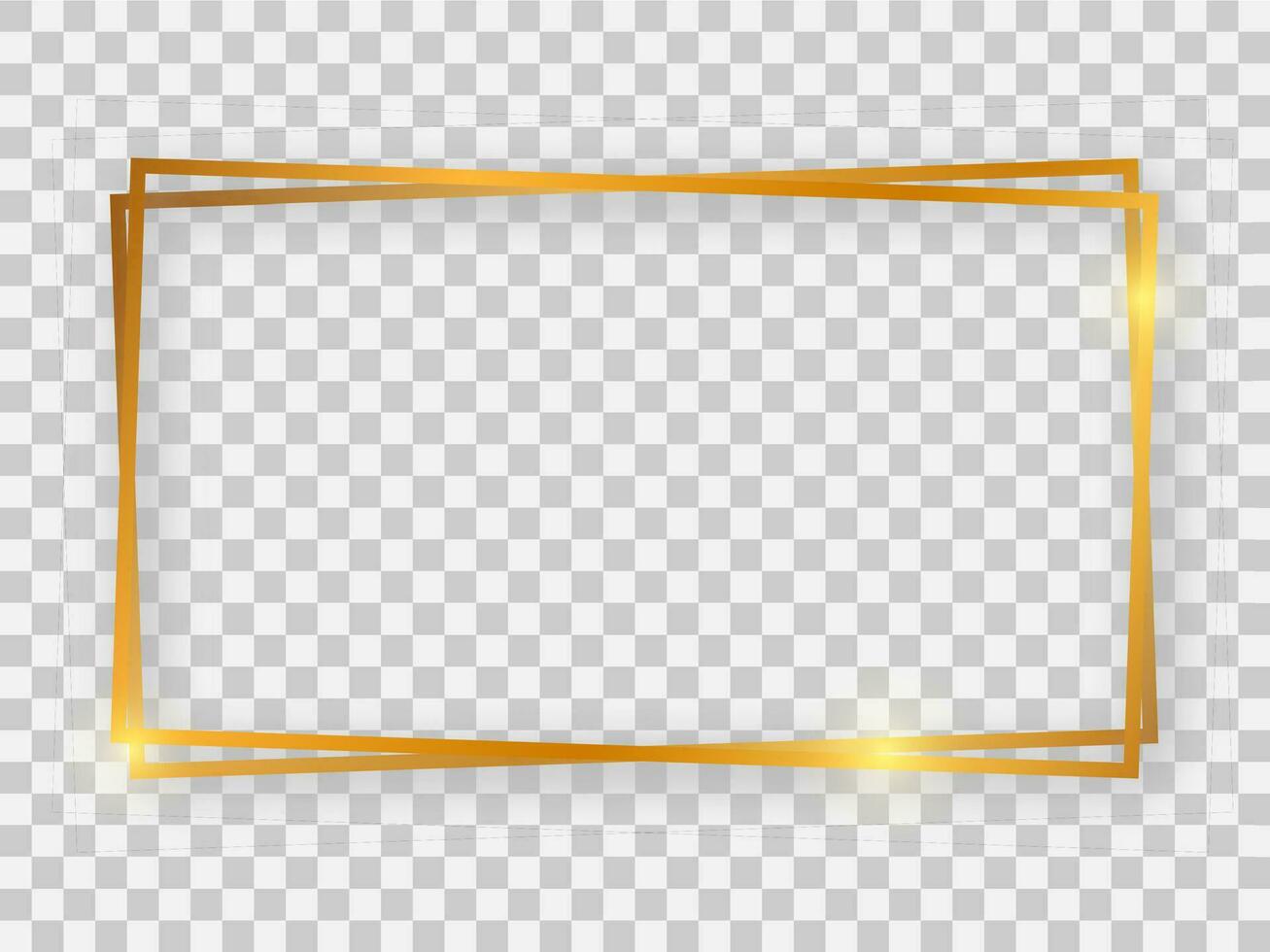 Double gold shiny 16x9 rectangular frame with glowing effects and shadows vector