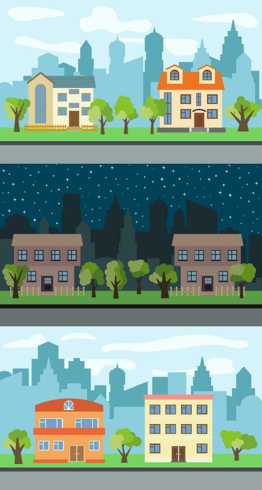 Set of three vector illustrations of city street with cartoon houses and trees. Summer urban landscape. Street view with cityscape on a background