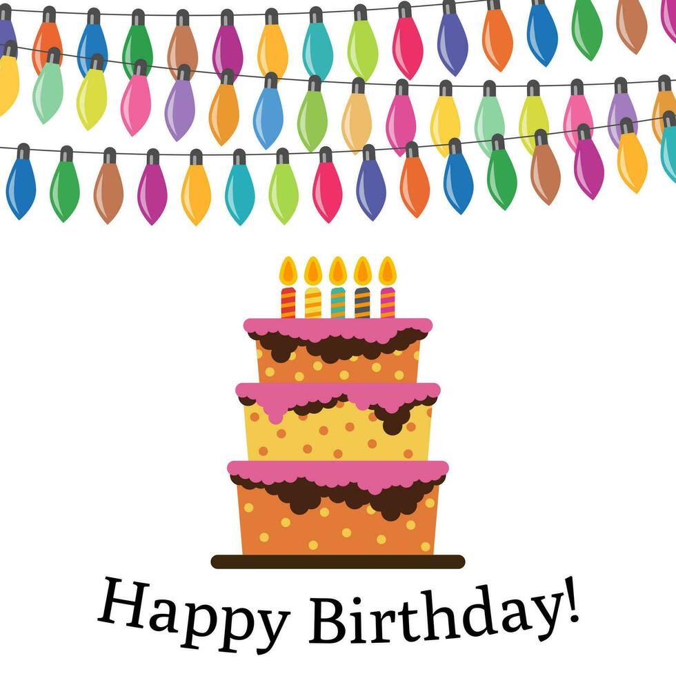 Greeting Card with Sweet Cake for Birthday Celebration. Vector illustration