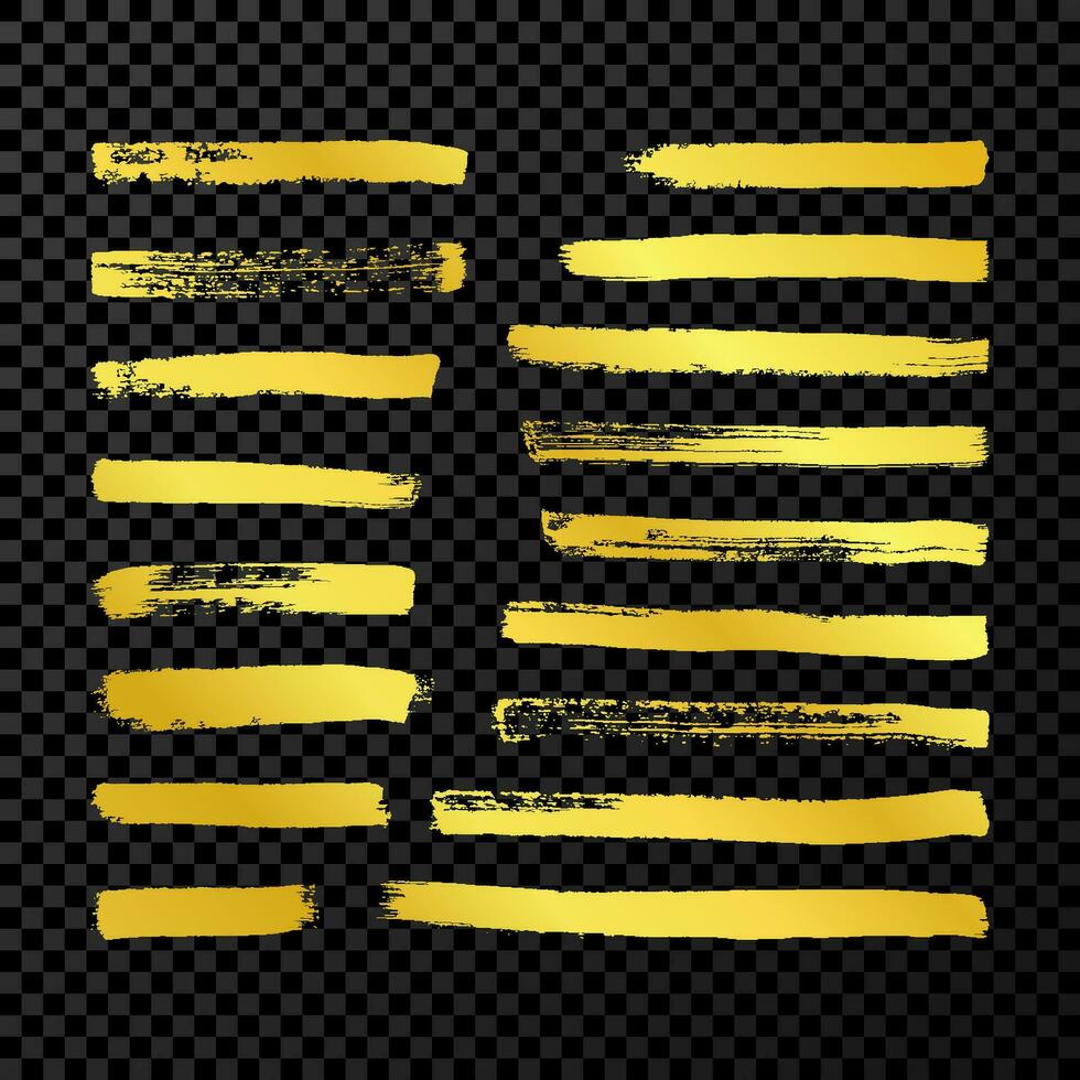 Gold grunge brush strokes. Set of seventeen painted ink stripes. Ink spot isolated on dark vector