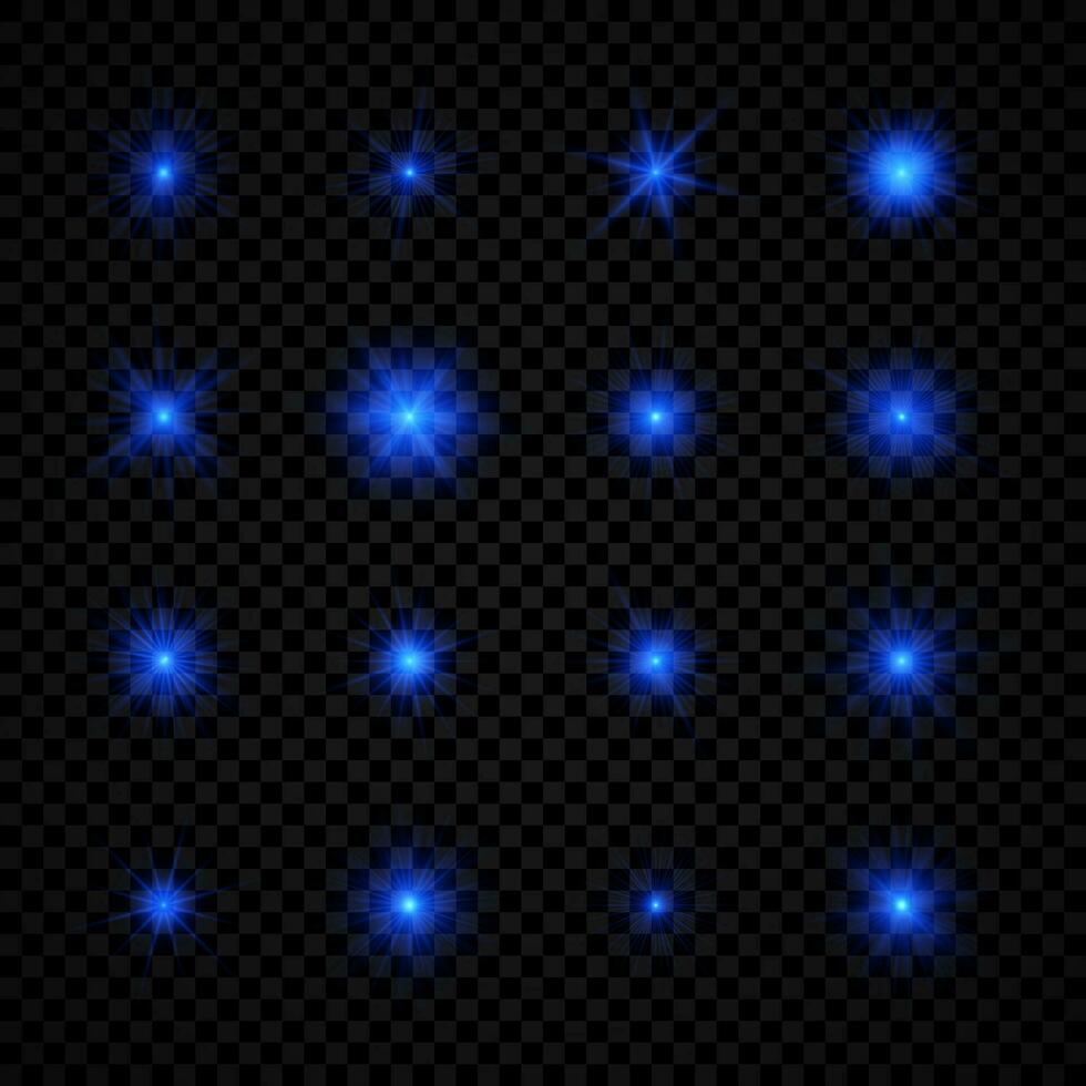 ligero efecto de lente bengalas conjunto de dieciséis azul brillante luces Starburst efectos con destellos vector