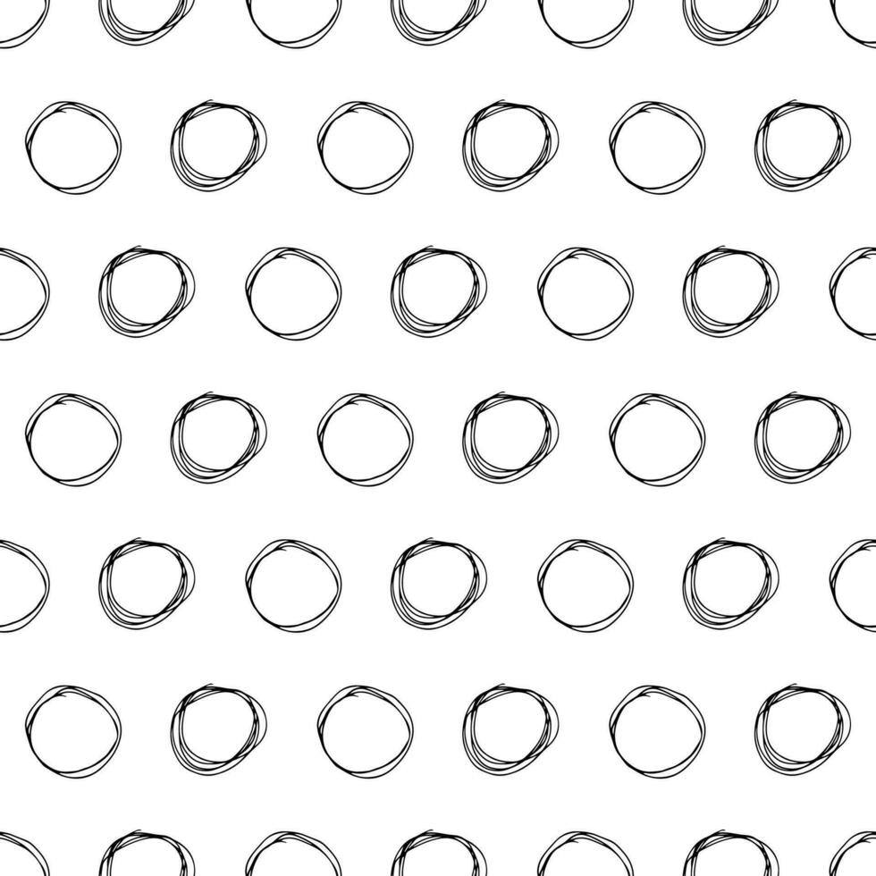 Seamless pattern with black sketch hand drawn brush scribble circles shape on white background. Abstract grunge texture. Vector illustration