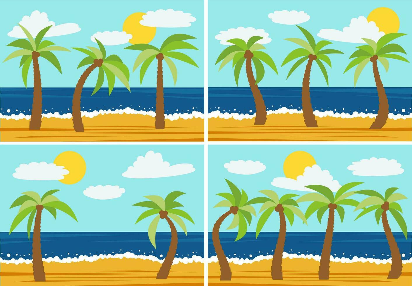 Set of four images with cartoon nature landscapes with palms in the summer beach. Vector illustration.