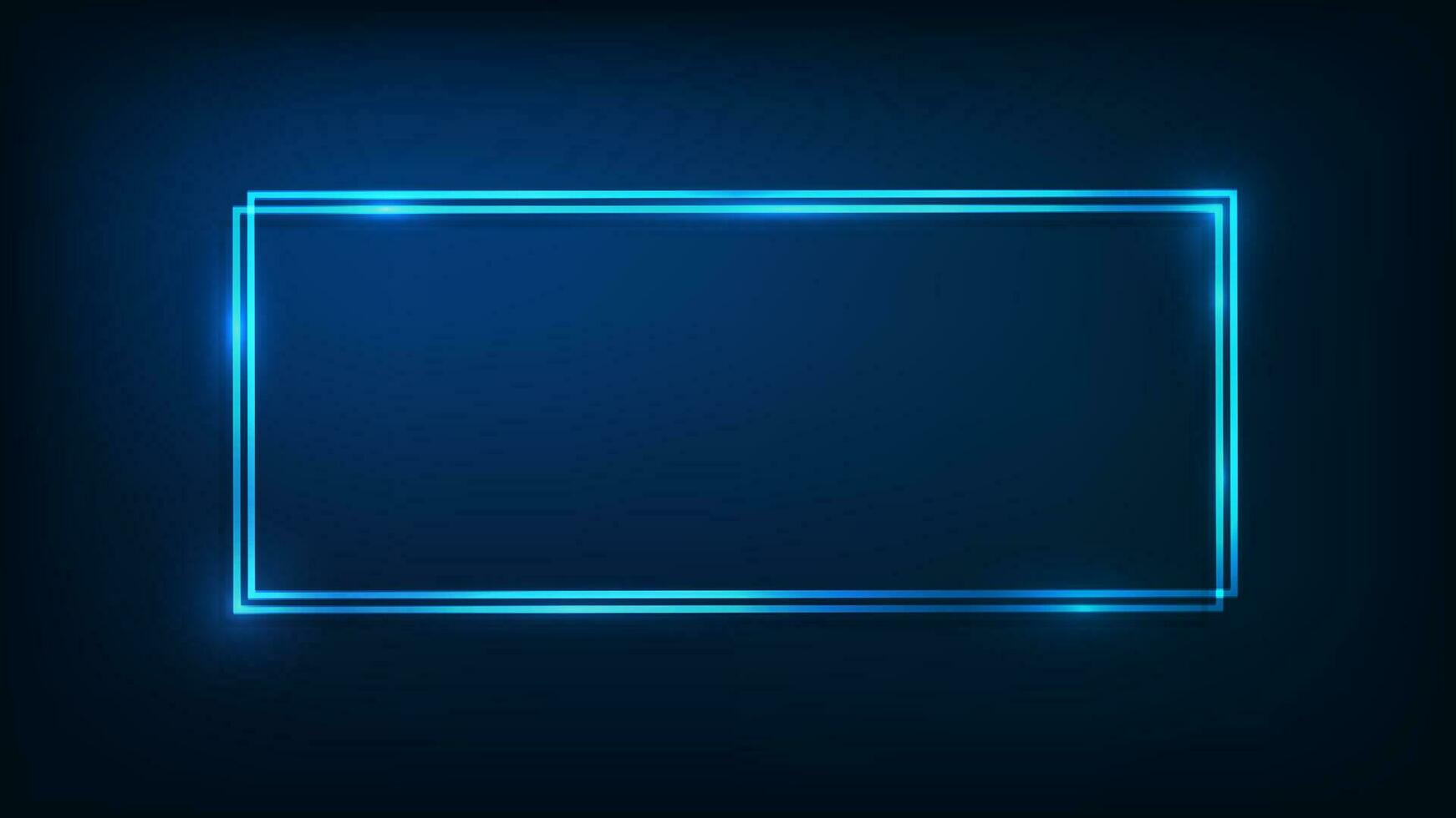 Neon double rectangular frame with shining effects on dark background. Empty glowing techno backdrop. Vector illustration.