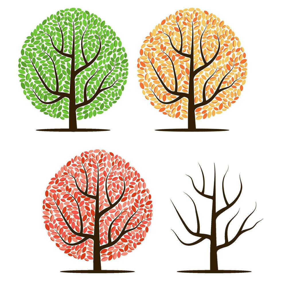 cuatro arboles con verde, rojo, amarillo hojas y sin hojas. vector ilustración aislado en un blanco antecedentes