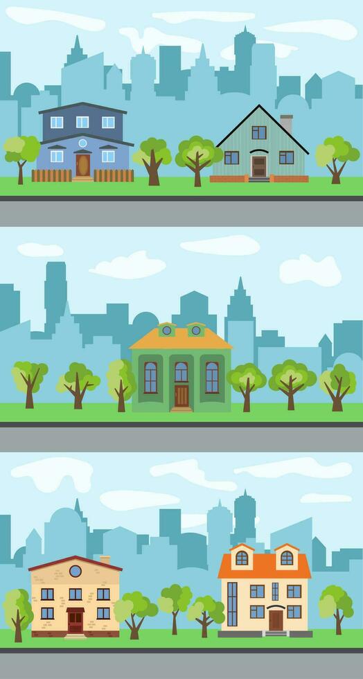 Set of three vector illustrations of city street with cartoon houses and trees. Summer urban landscape. Street view with cityscape on a background