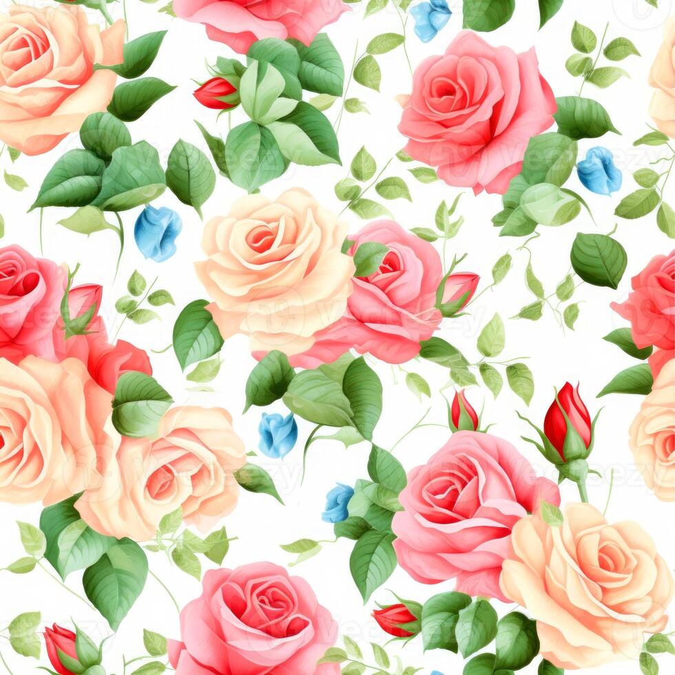 Seamless pattern with spring flowers and leaves. modern pastel summer, winter rose background. wallpapers, postcards, greeting cards, wedding invites, romantic events, illustration photo