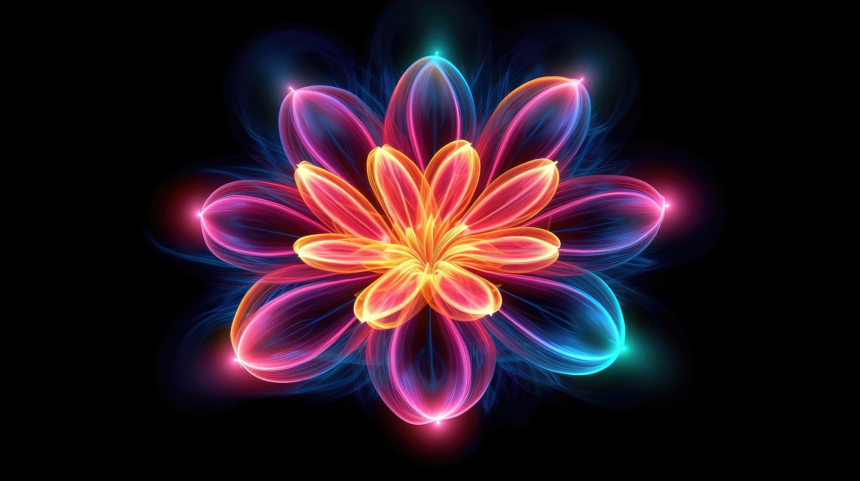 Multicolor neon light drawing, abstract shape flowers isolated on black