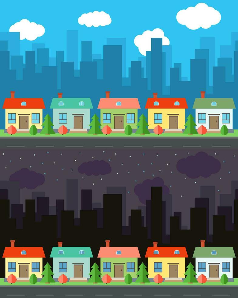 Vector city with four one-story cartoon houses in the day and night. Summer urban landscape. Street view with cityscape on a background