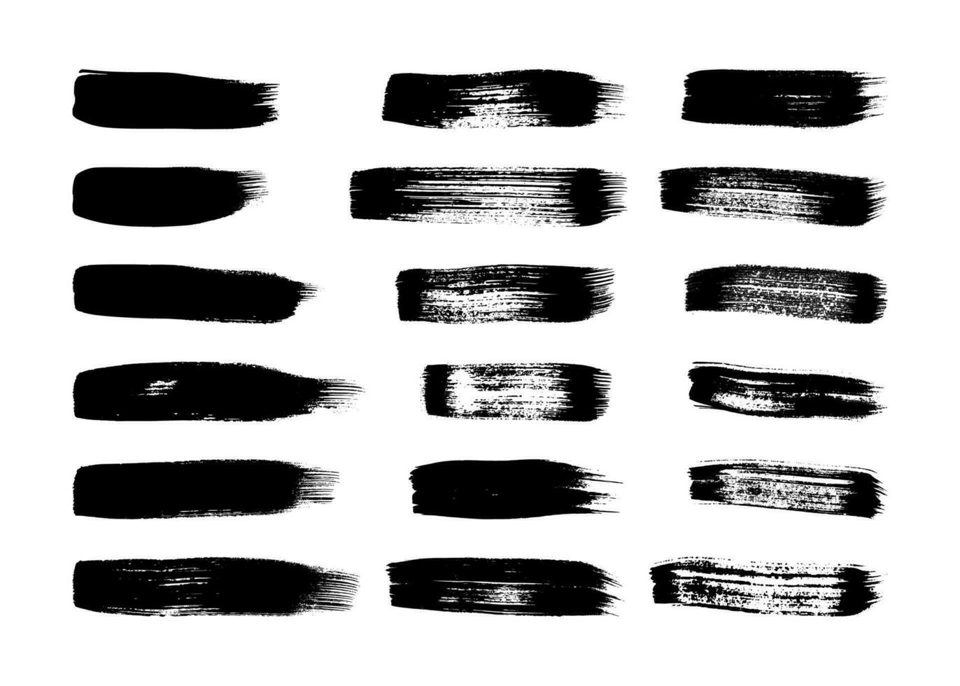 Black grunge brush strokes. Set of eighteen painted ink stripes. Ink spot isolated on white background. Vector illustration