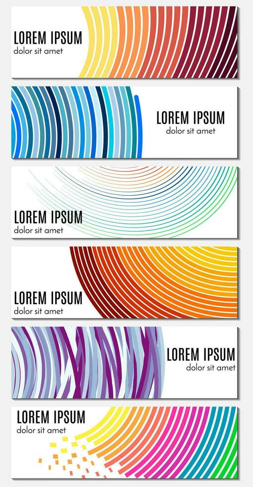 Set of six colorful abstract header banners with curved lines and place for text. Vector backgrounds for web design.