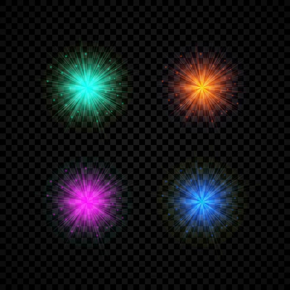 Light effect of lens flares. Set of four green, orange, purple and blue glowing lights starburst effects with sparkles vector