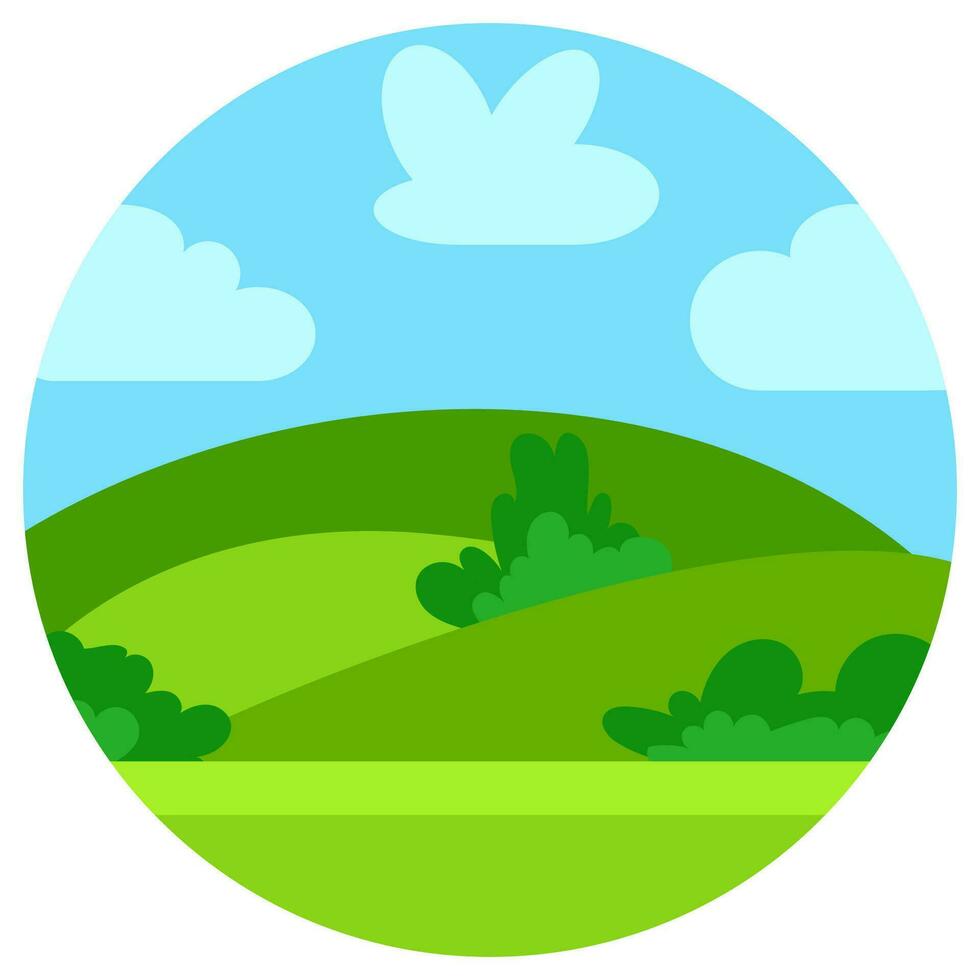 Natural cartoon landscape in circle. Vector illustration in the flat style with green hills, blue sky and clouds at sunny day.