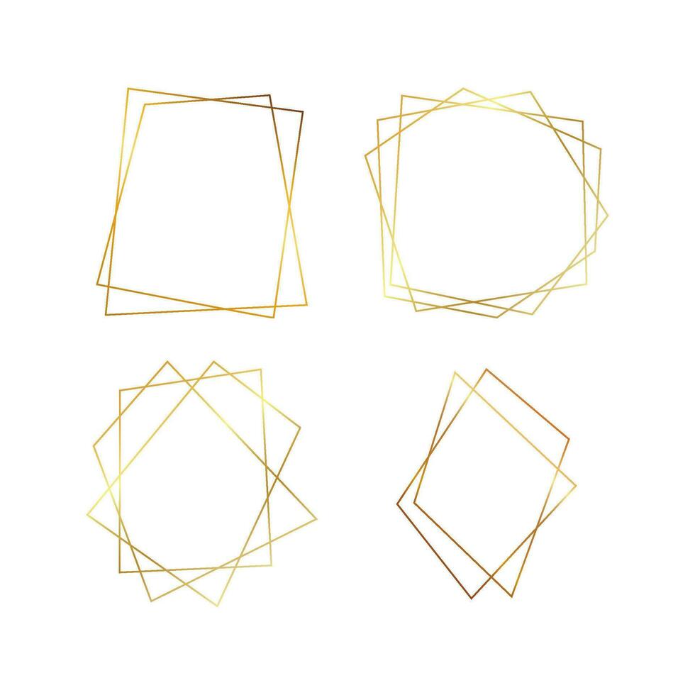 Set of four gold geometric polygonal frames with shining effects isolated on white background. Empty glowing art deco backdrop. Vector illustration.