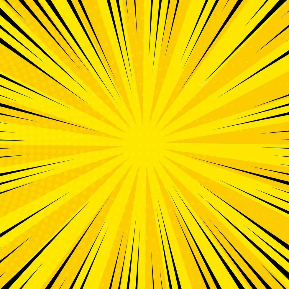Yellow comic book page background in pop art style with empty space. Template with rays, dots and halftone effect texture. Vector illustration