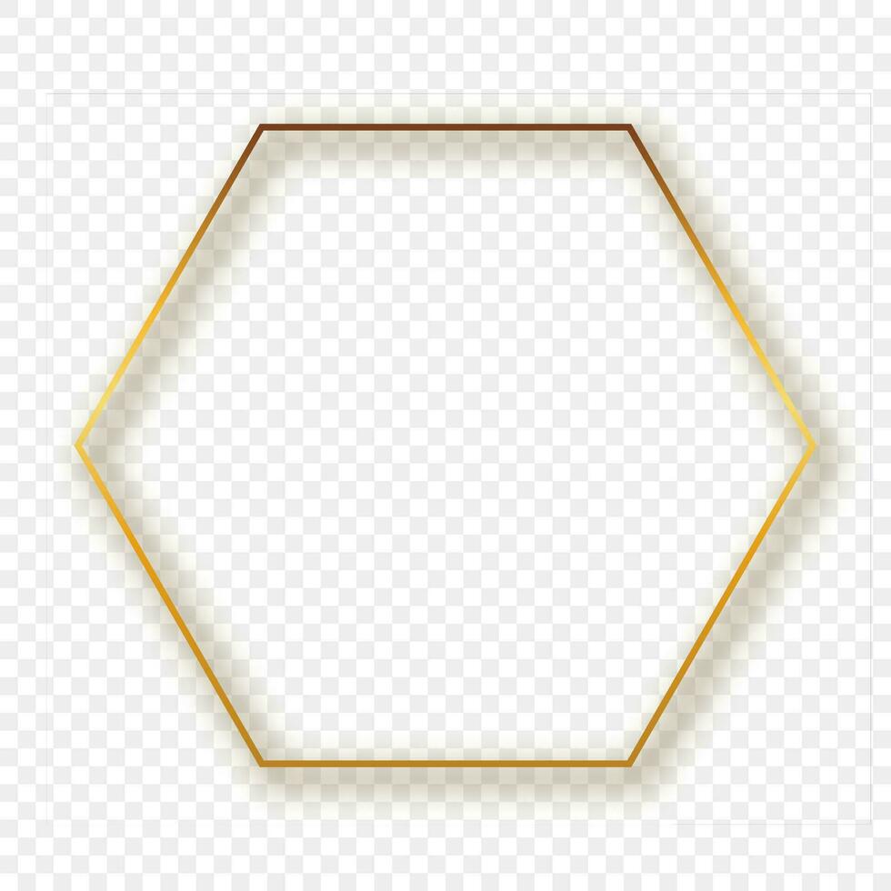 Gold glowing hexagon frame with shadow isolated on background. Shiny frame with glowing effects. Vector illustration.