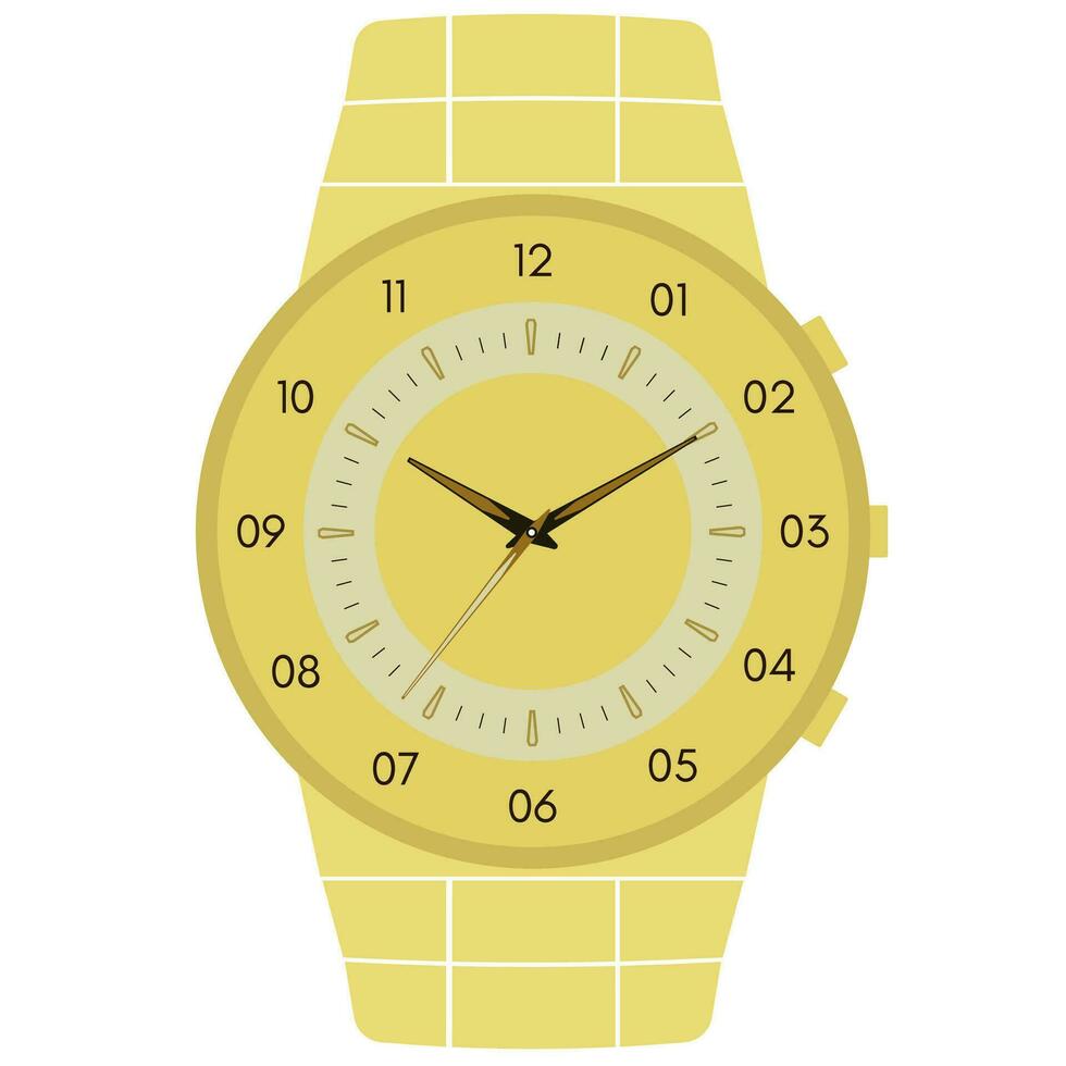 Classic design mechanical wristwatch isolated on white background. Clock face with hour, minute and second hands. Vector illustration.