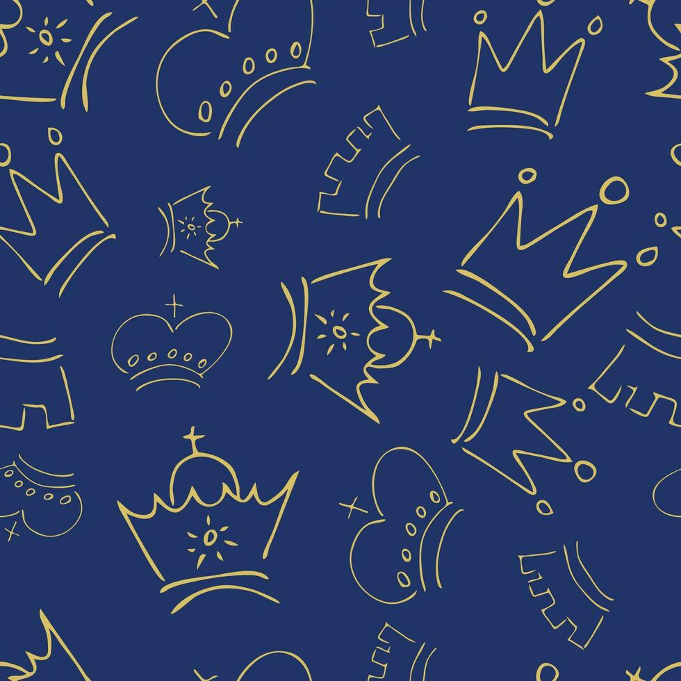 Hand drawn crowns. Seamless pattern of simple graffiti sketch queen or king crowns. Royal imperial coronation and monarch symbols. Vector illustration.