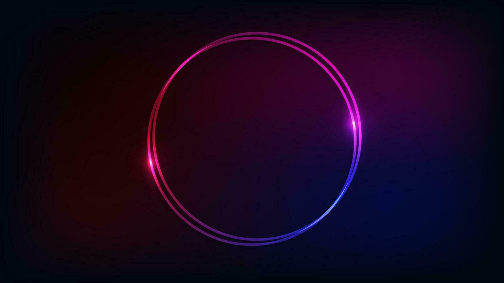 Neon double round frame with shining effects on dark background. Empty glowing techno backdrop. Vector illustration.