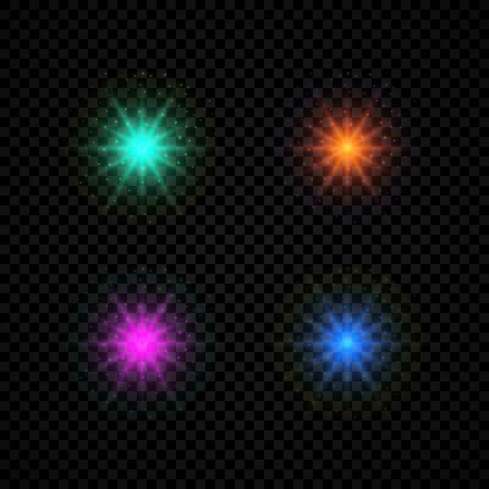 Light effect of lens flares. Set of four green, orange, purple and blue glowing lights starburst effects with sparkles vector