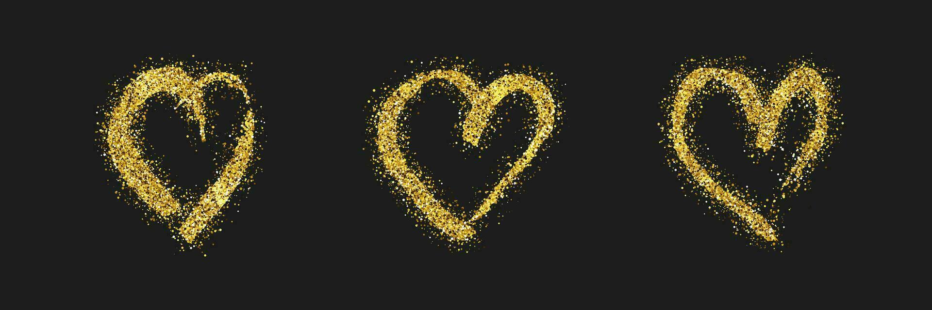 Set of three gold glitter doodle hearts on dark background. Gold grunge hand drawn heart. Romantic love symbol. Vector illustration.