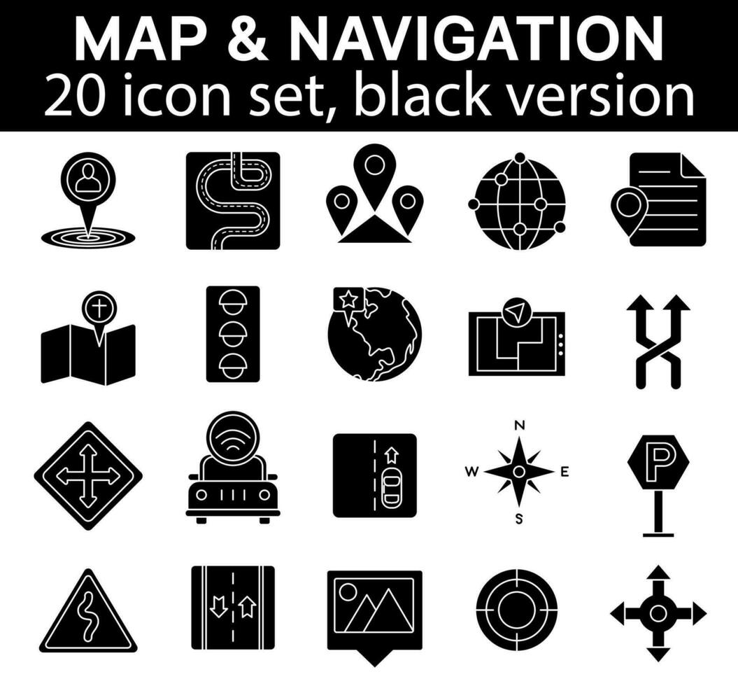 Navigation map and geolocation icon set. Vector collection of black version