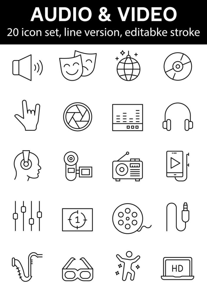 Audio Video Icon set. Thin line icons set. Flat icon collection set. vector