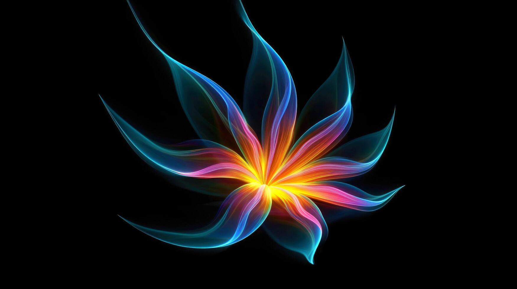 Multicolor neon light drawing, abstract shape flowers isolated on black background. Glowing line art. The Illumination of vibrant radiance of neon flower, illustration photo