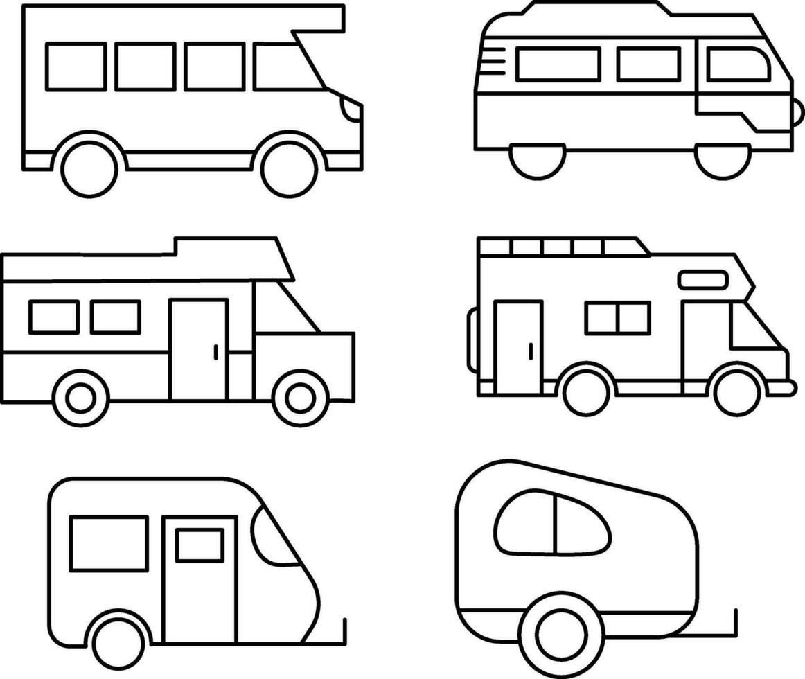 conjunto de caravana, camper camioneta, y casa rodante línea íconos vector