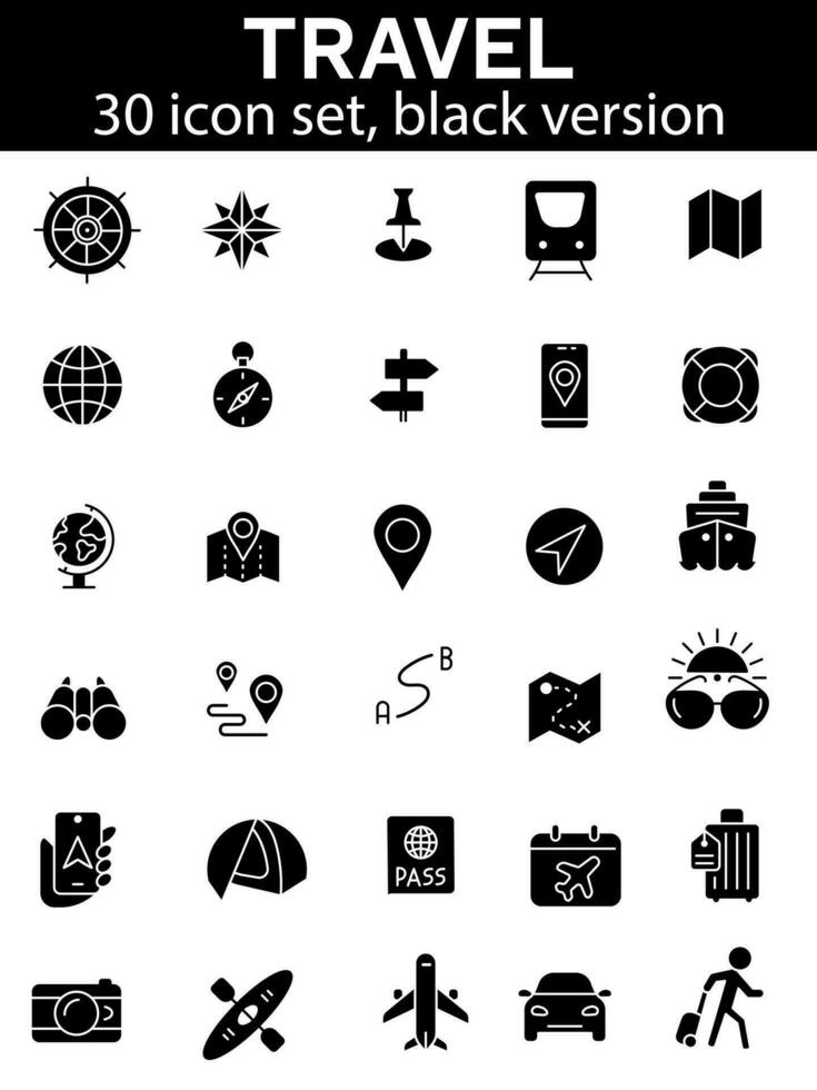 Travel icon set, black vector illustration