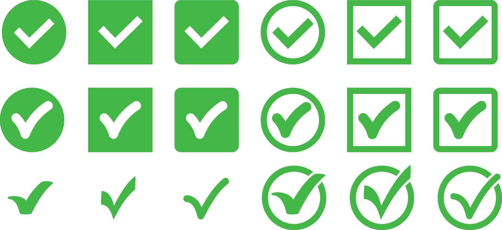Green check mark icon set. Circle and square. Tick symbol in green color, vector illustration.