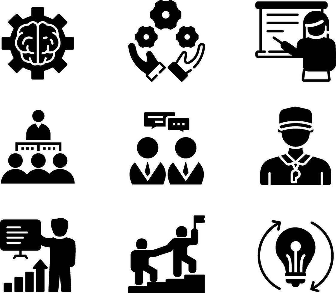 Set of 9 icons related to training, coaching, mentoring, education, meeting, conference, teamwork vector