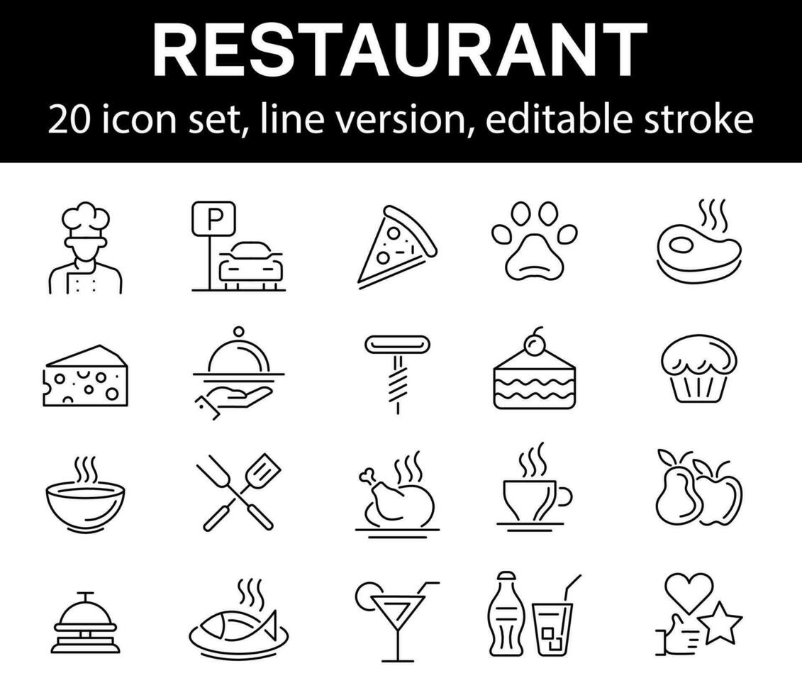 Restaurant icon set, line version, editable stroke vector