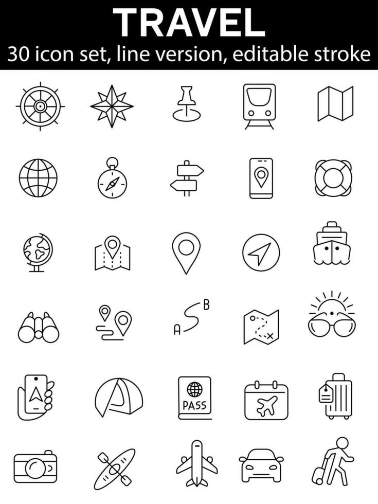 Travel icon set, line version, editable stroke vector