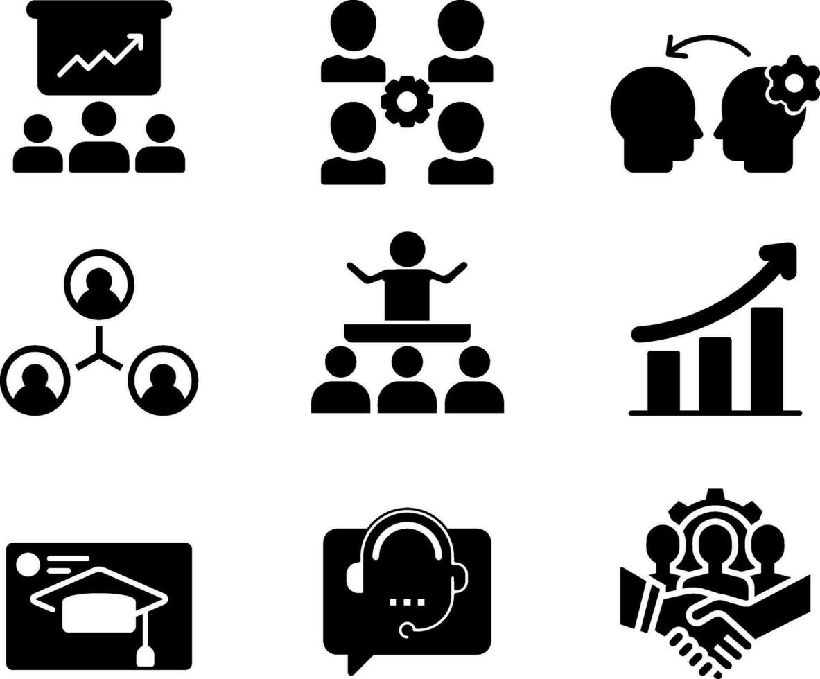 Set of 9 icons related to training, coaching, mentoring, education, meeting, conference, teamwork vector