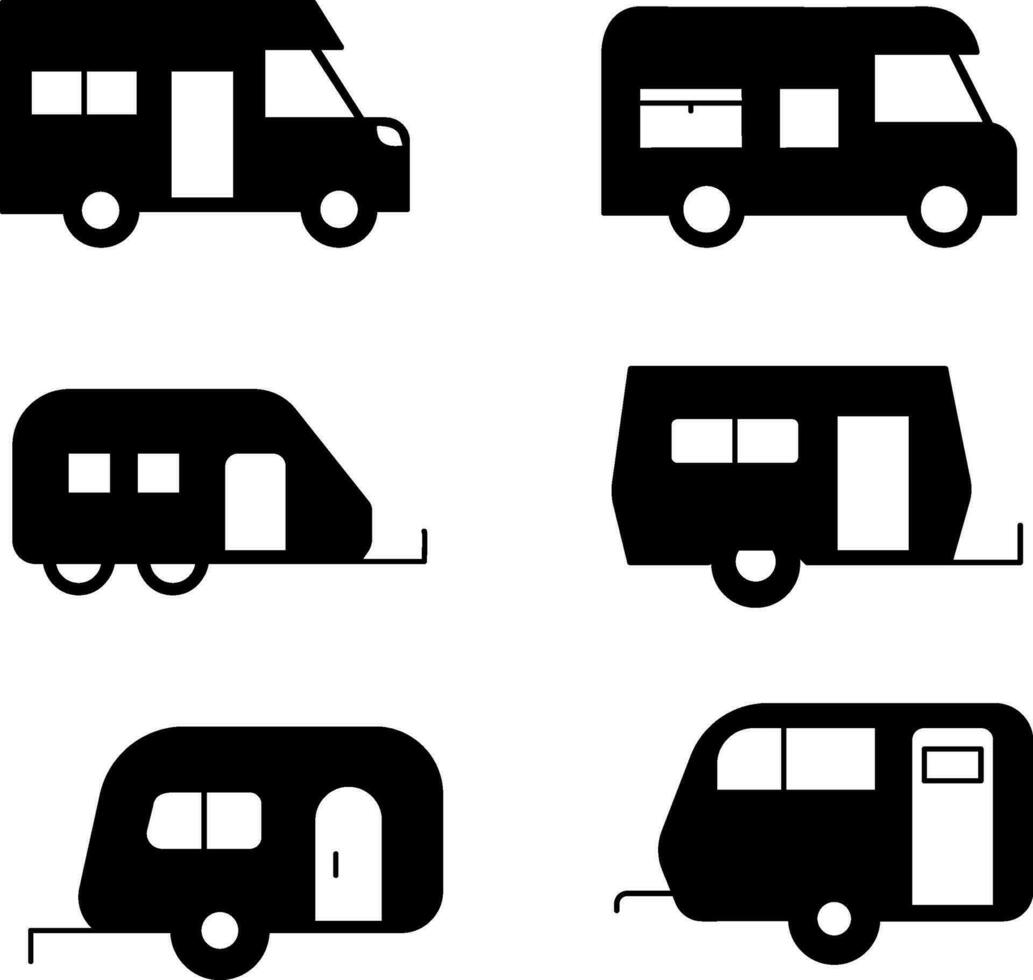 Black caravan, camper van, and motorhome icons vector