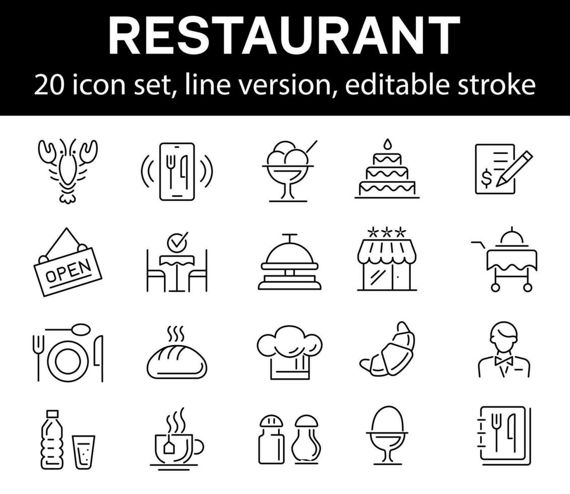 Restaurant icon set, line version, editable stroke vector