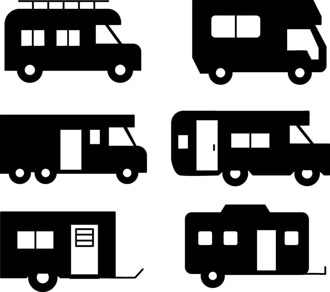 Black caravan, camper van, and motorhome icons vector