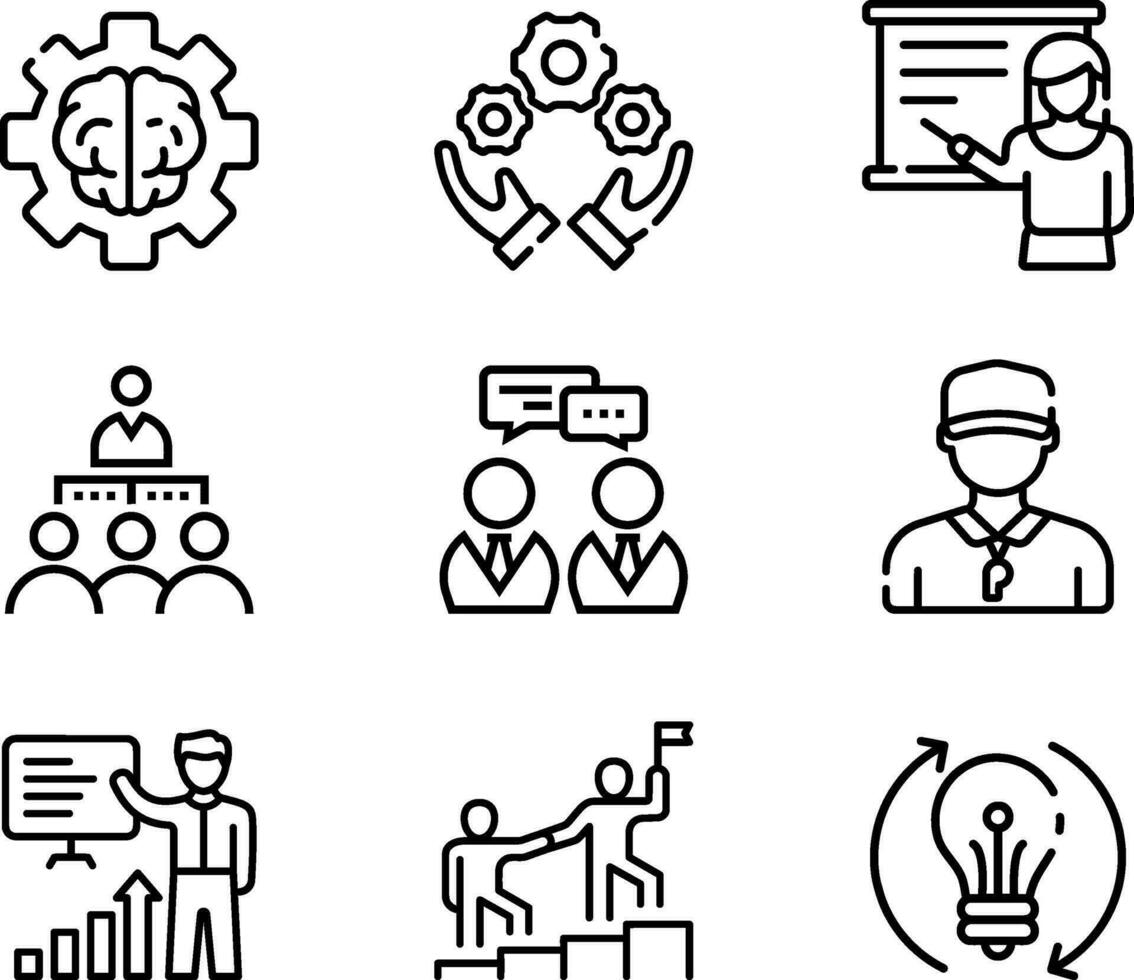 Set of 9 line icons related to training, coaching, mentoring, education, meeting, conference, teamwork vector