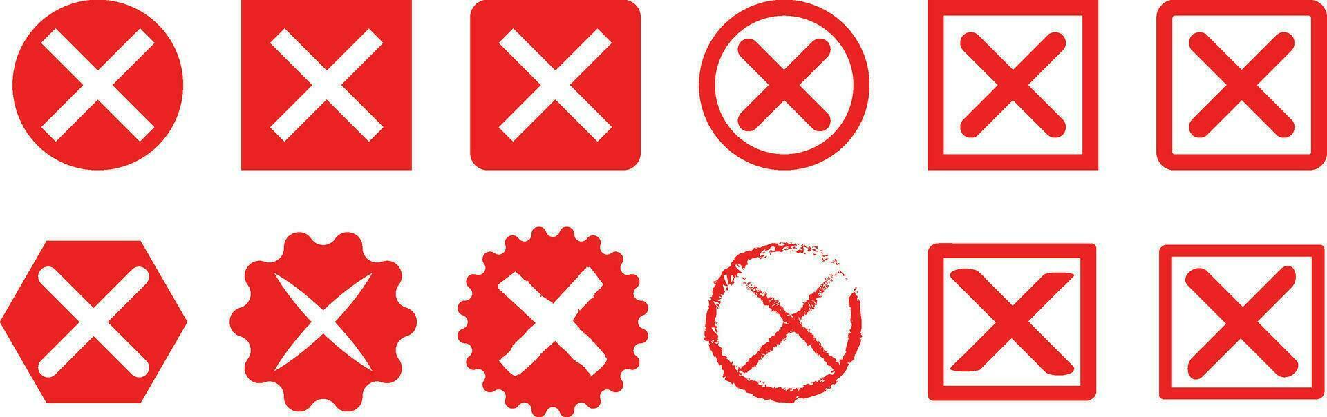 Red cross icon set. Circle and square flat buttons. Vector illustration