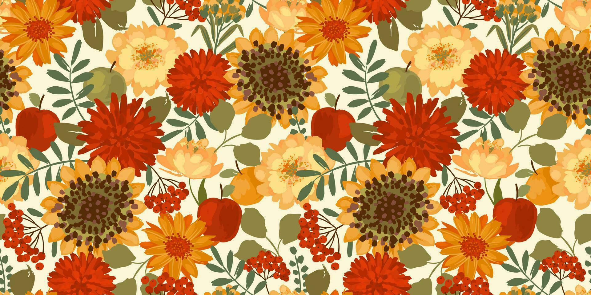 Floral seamless pattern with autumn flowers, leaves and apples. Vector background for various surface. Hand drawn textures.