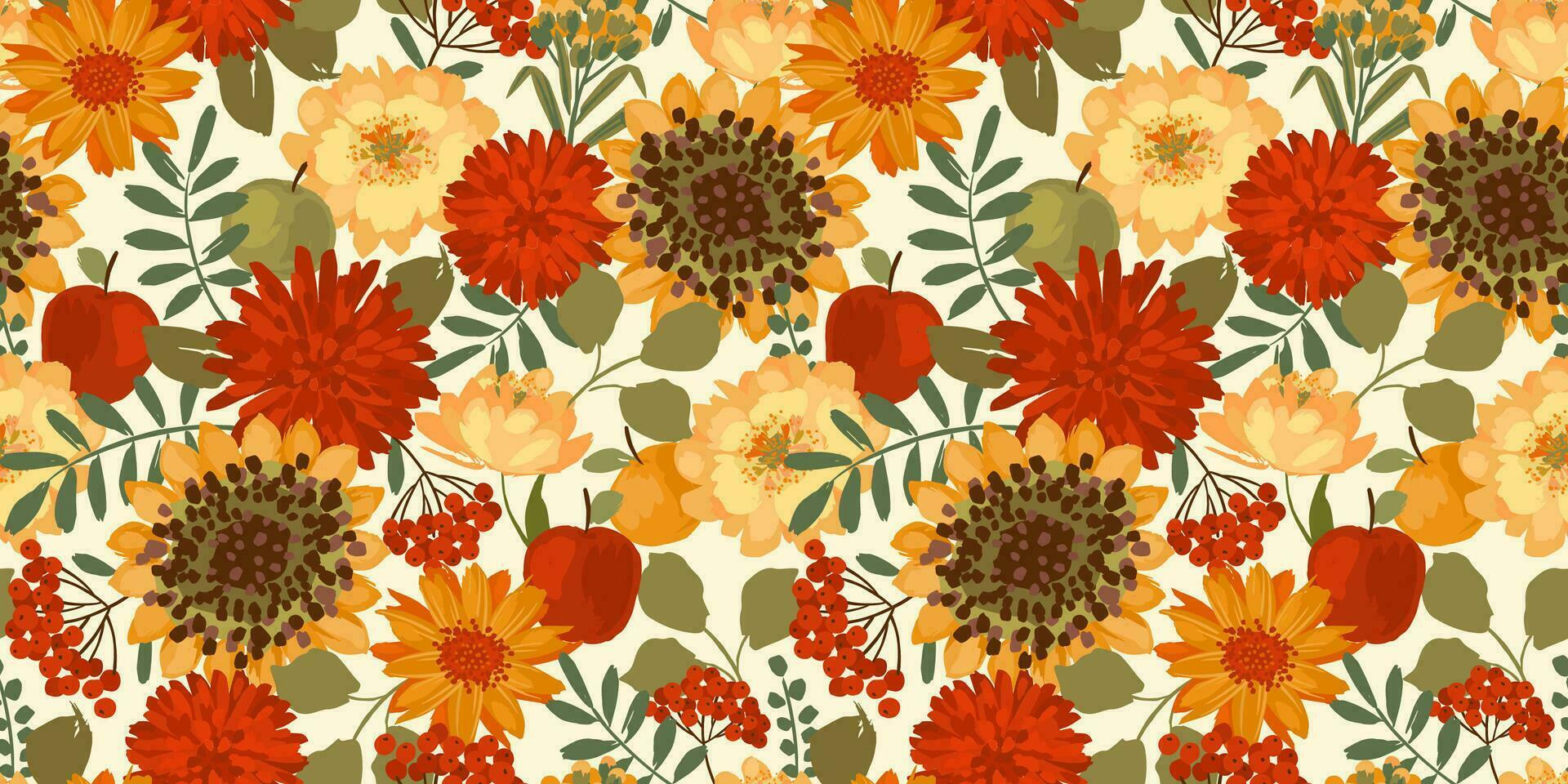 floral sin costura modelo con otoño flores, hojas y manzanas vector antecedentes para varios superficie. mano dibujado texturas