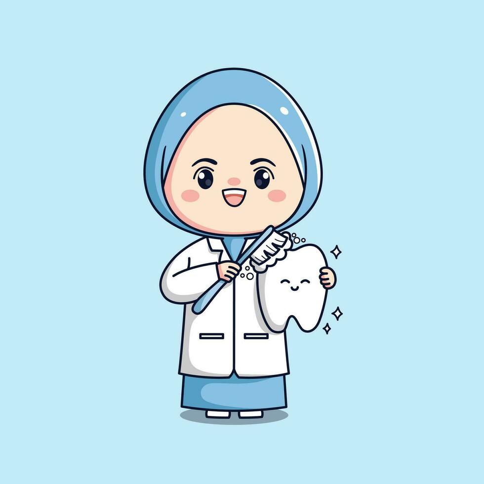 Cute dentist hijab female doctor holding tooth kawaii chibi flat outlined character vector