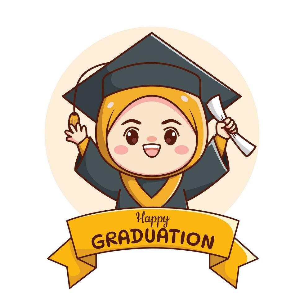 pancarta o cinta feliz graduación musulmán hijab niña con toga y birrete lindo kawaii chibi dibujos animados vector