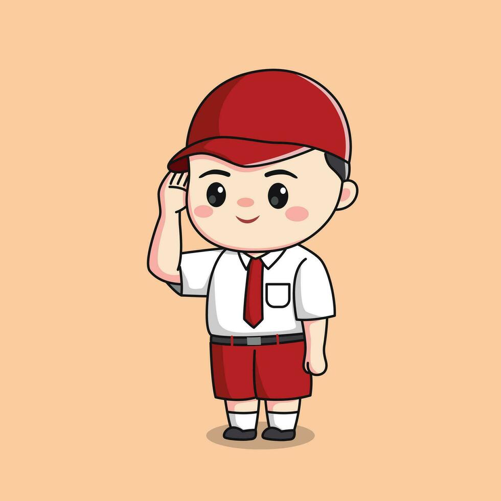 indonesia elementary school student saluting cute boy chibi kawaii character vector