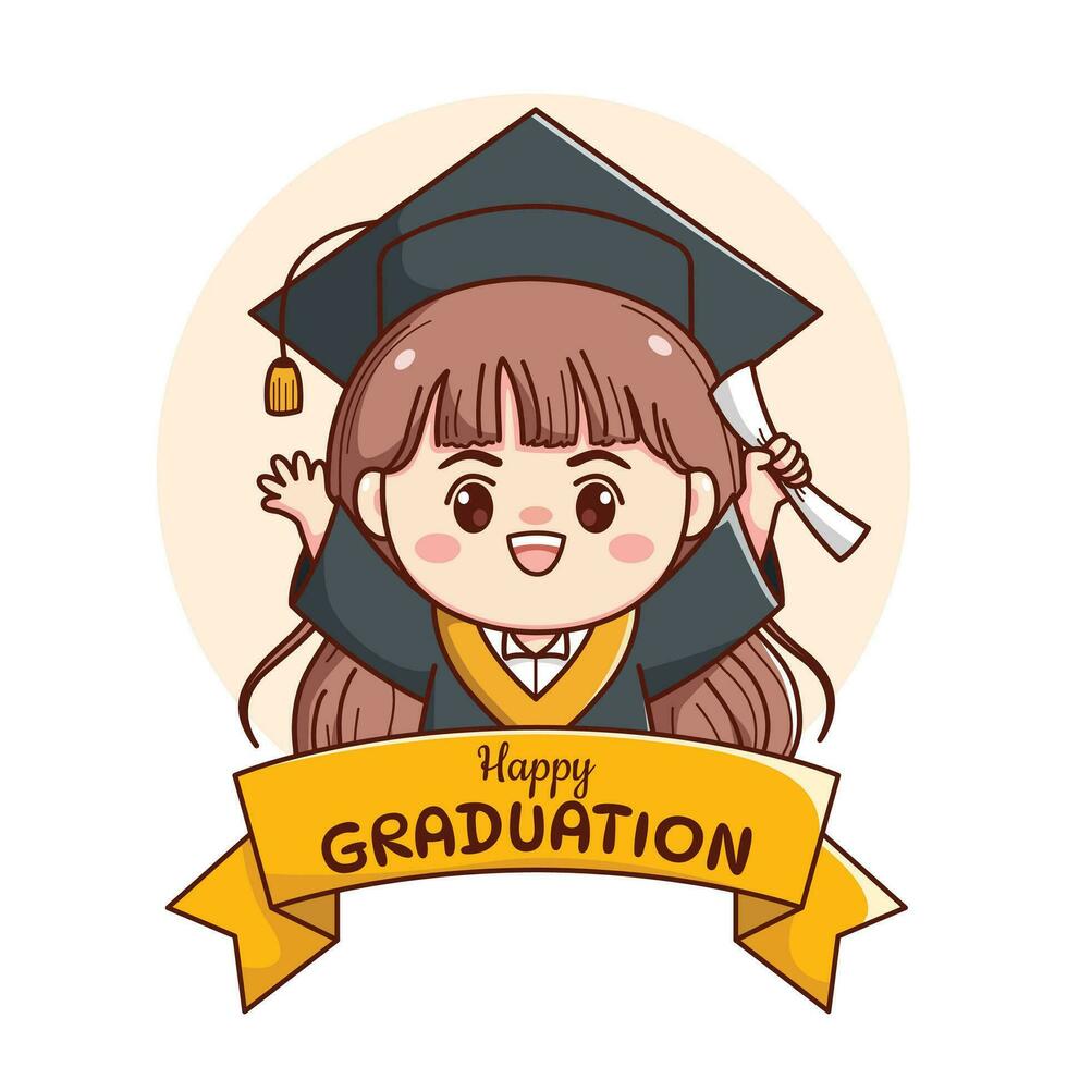 bandera o cinta contento graduación niña con gorra y vestido linda kawaii chibi dibujos animados vector